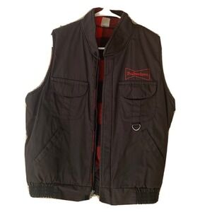Vintage Budweiser USA Mens Plaid Quilted Vest Pockets V Neck Mens Large Fishing
